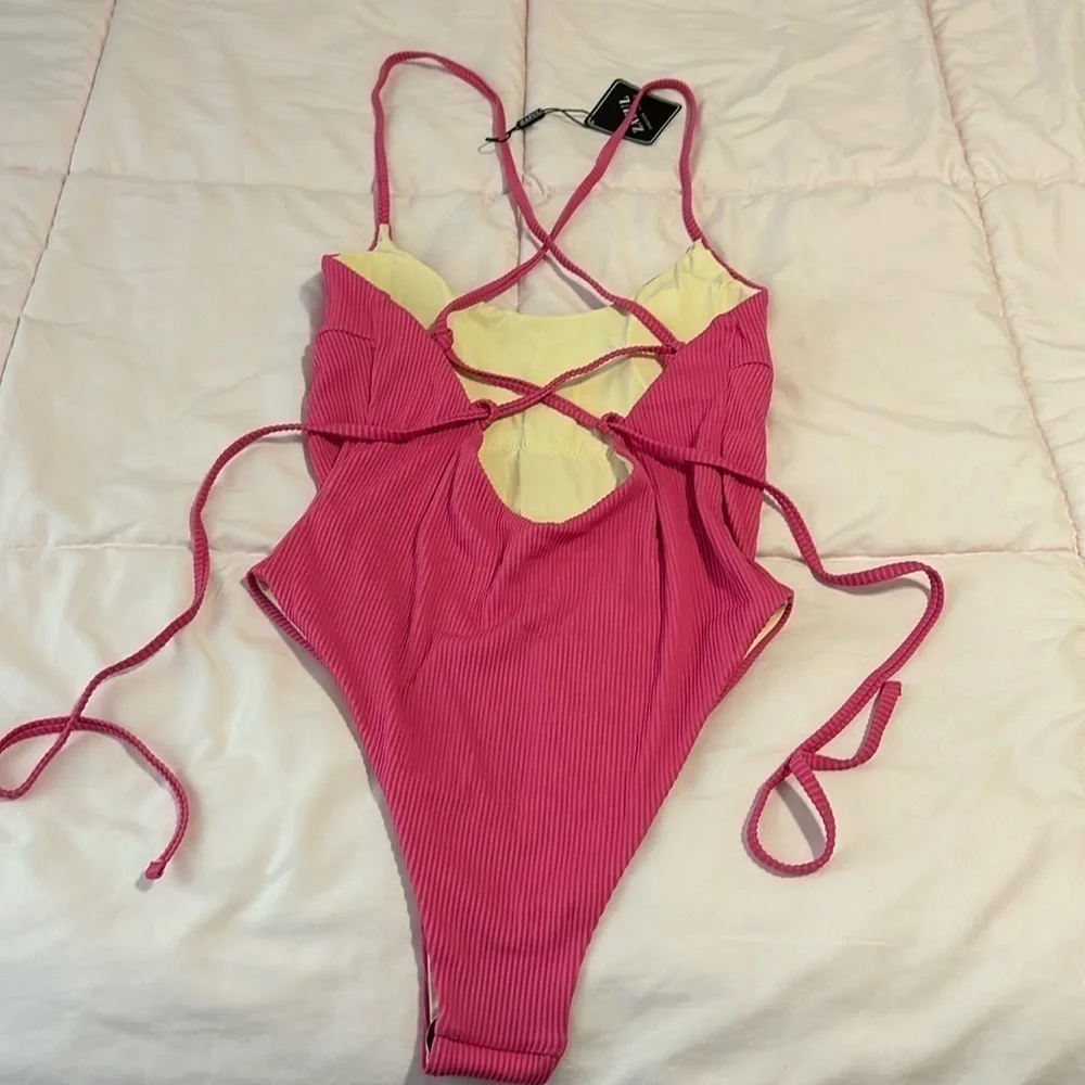 Zaful Pink Ribbed tie back one piece bathing suit swim suit